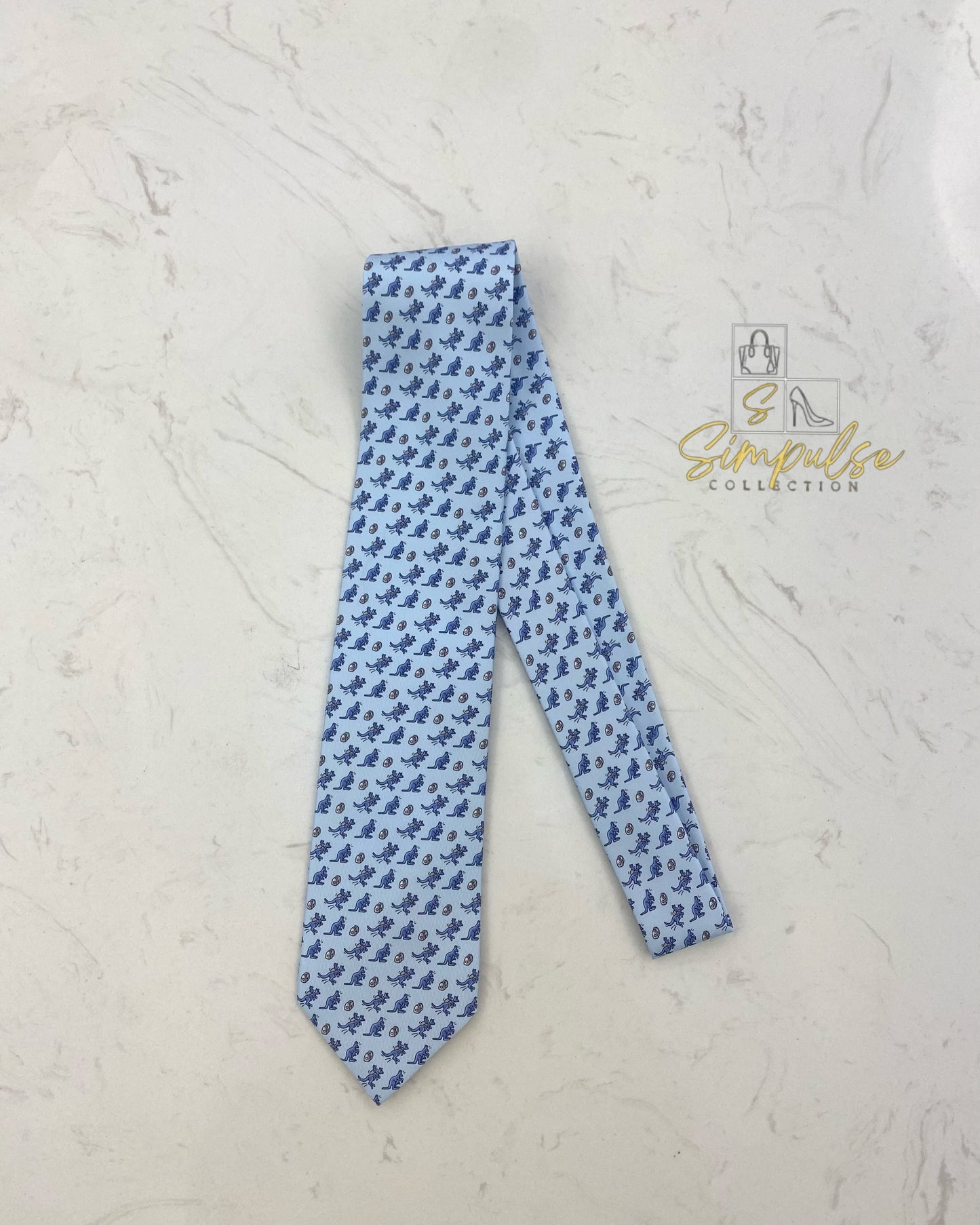 HERMES LIGHT BLUE SILK TIE KANGAROO DESIGN