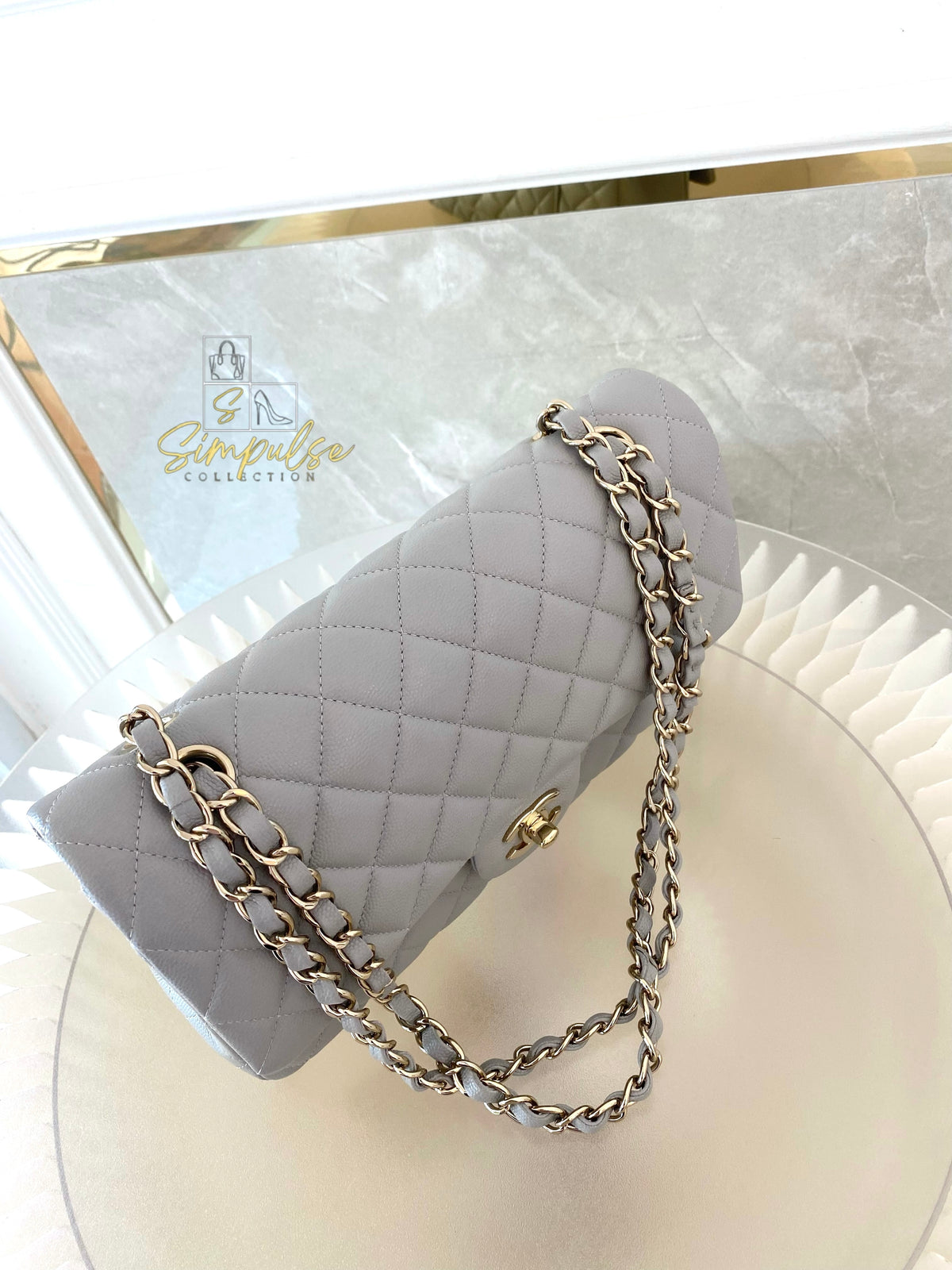 CHANEL CLASSIC MEDIUM DOUBLE FLAP DOVE GRAY