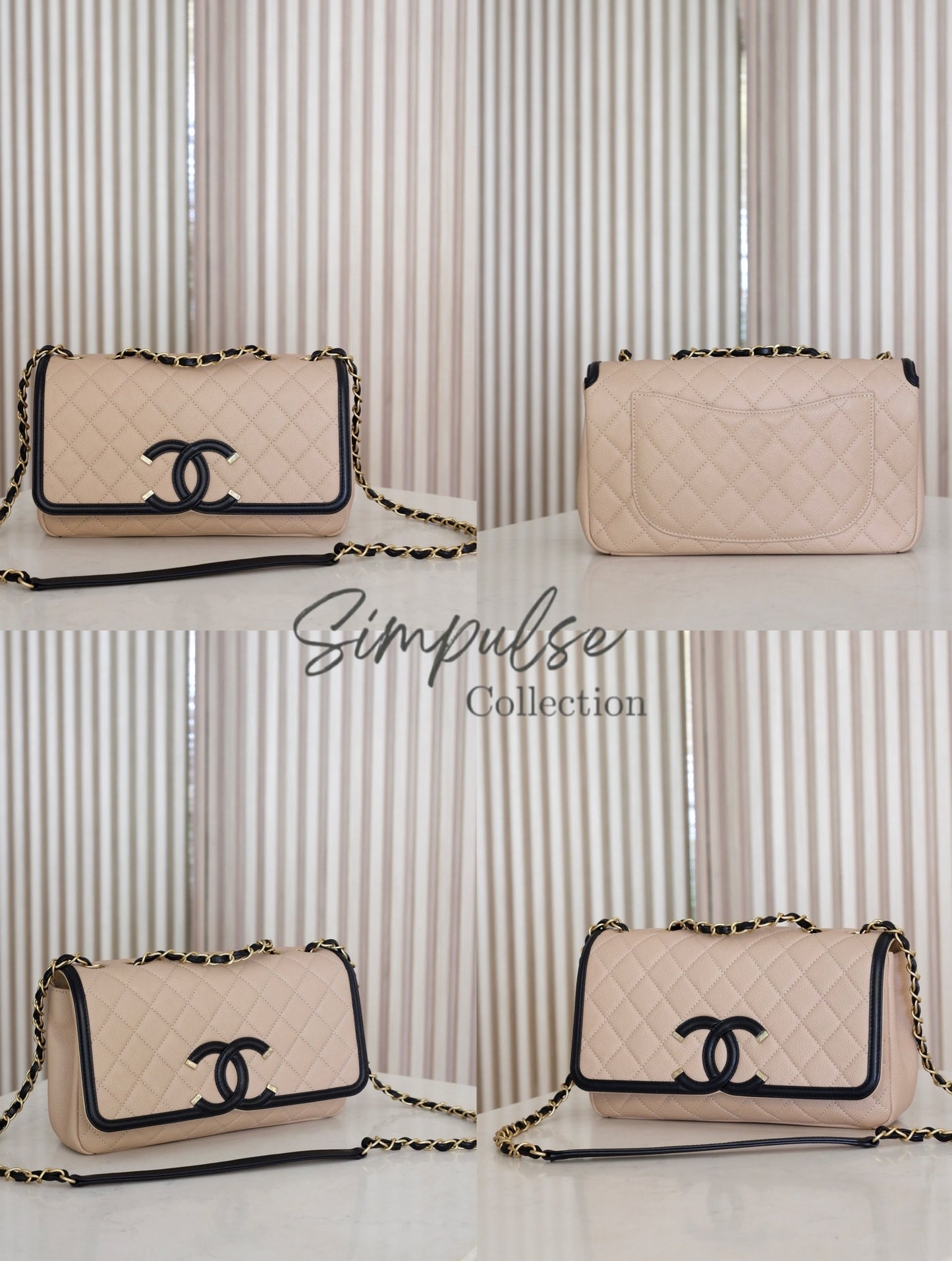 CHANEL BEIGE QUILTED CAVIAR & BLACK LAMBSKIN CC FILIGREE FLAP