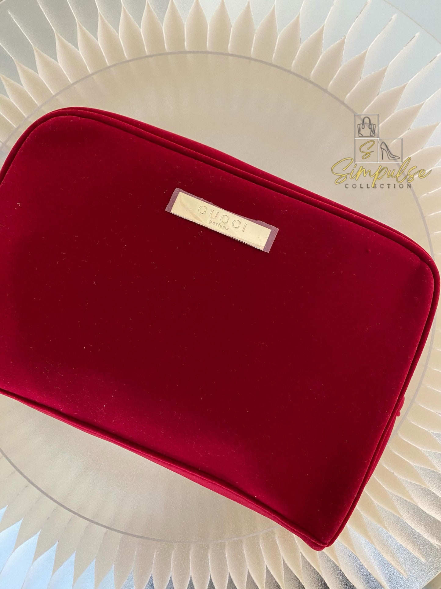 Gucci Red Velvet Cosmetic Pouch w/ Gold G Parfums Plaque
