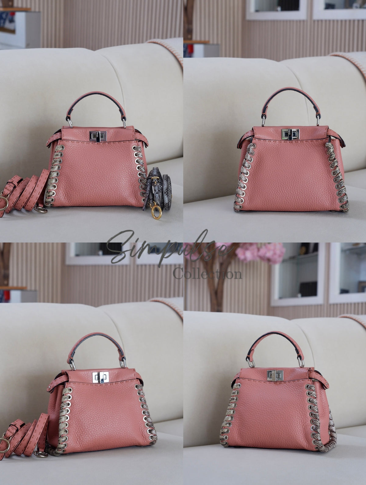 FENDI OLD ROSE & PYTHON LEATHER MINI WHIPSTITCH TOP HANDLE BAG