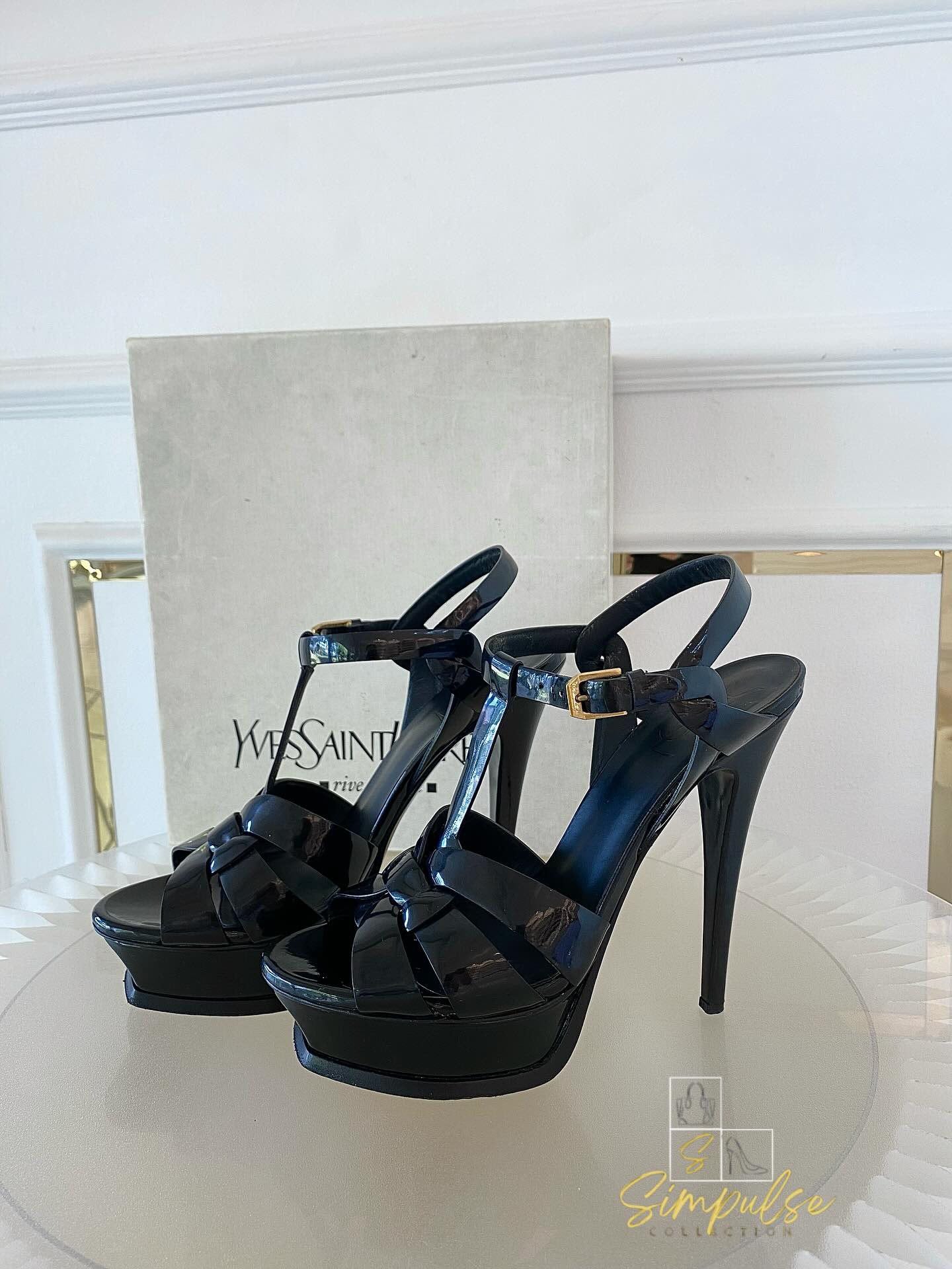 YVES SAINT LAURENT Tribute Black Patent Platform Sandals
