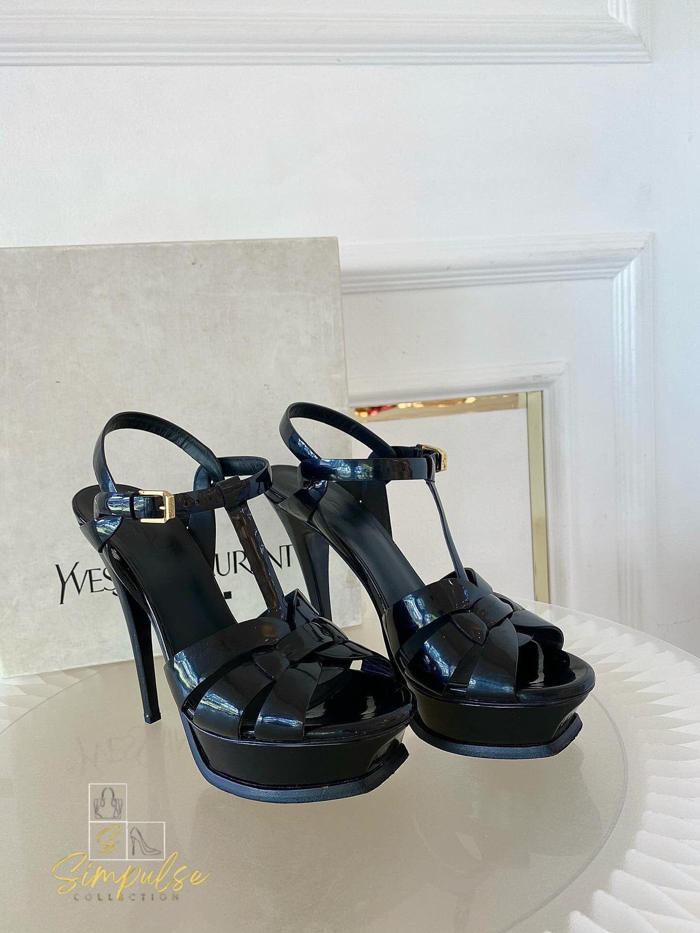 YVES SAINT LAURENT Tribute Black Patent Platform Sandals