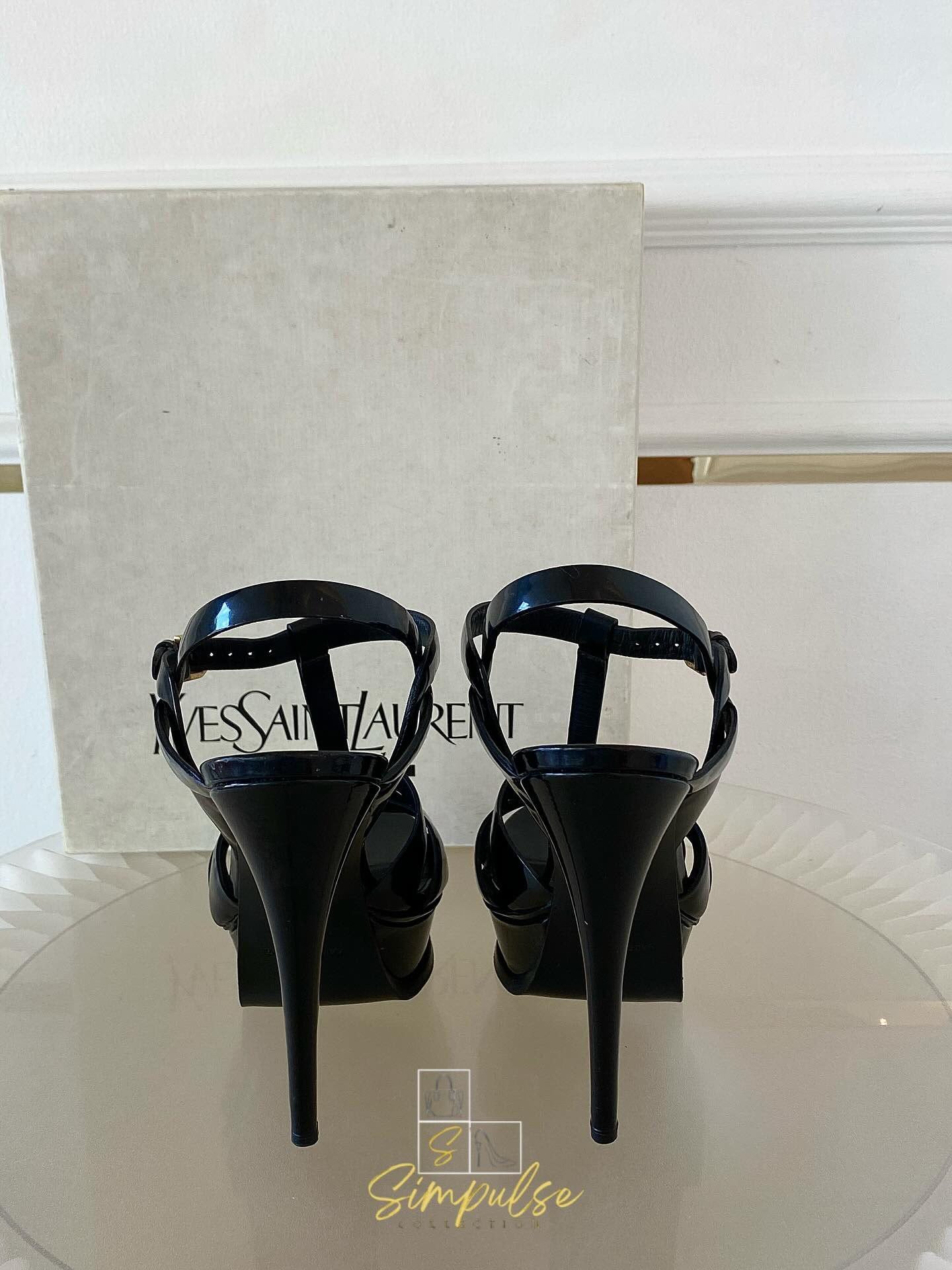 YVES SAINT LAURENT Tribute Black Patent Platform Sandals