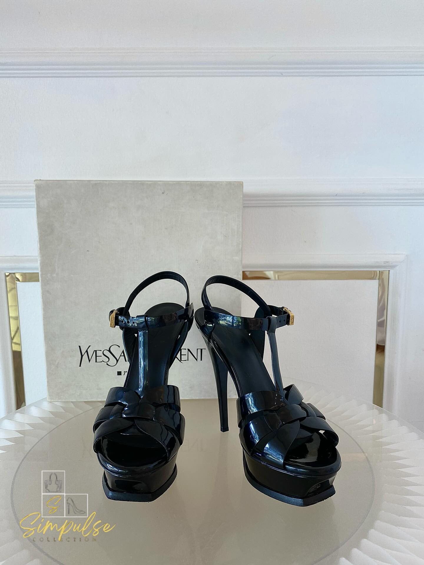 YVES SAINT LAURENT Tribute Black Patent Platform Sandals