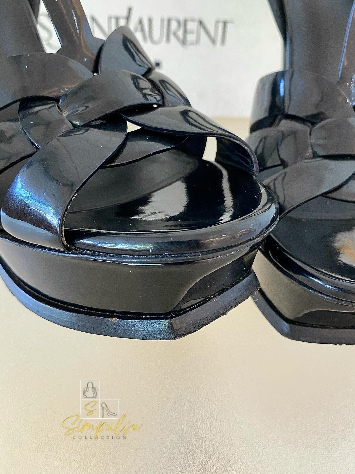 YVES SAINT LAURENT Tribute Black Patent Platform Sandals