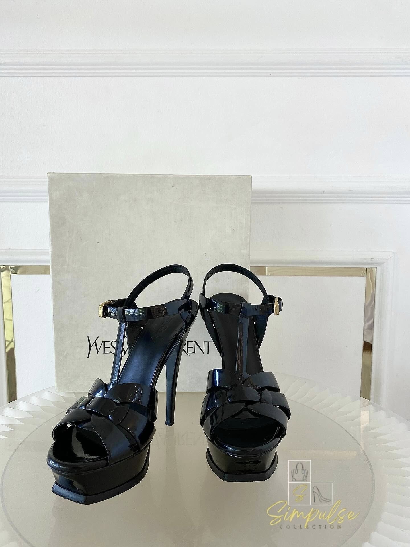 YVES SAINT LAURENT Tribute Black Patent Platform Sandals