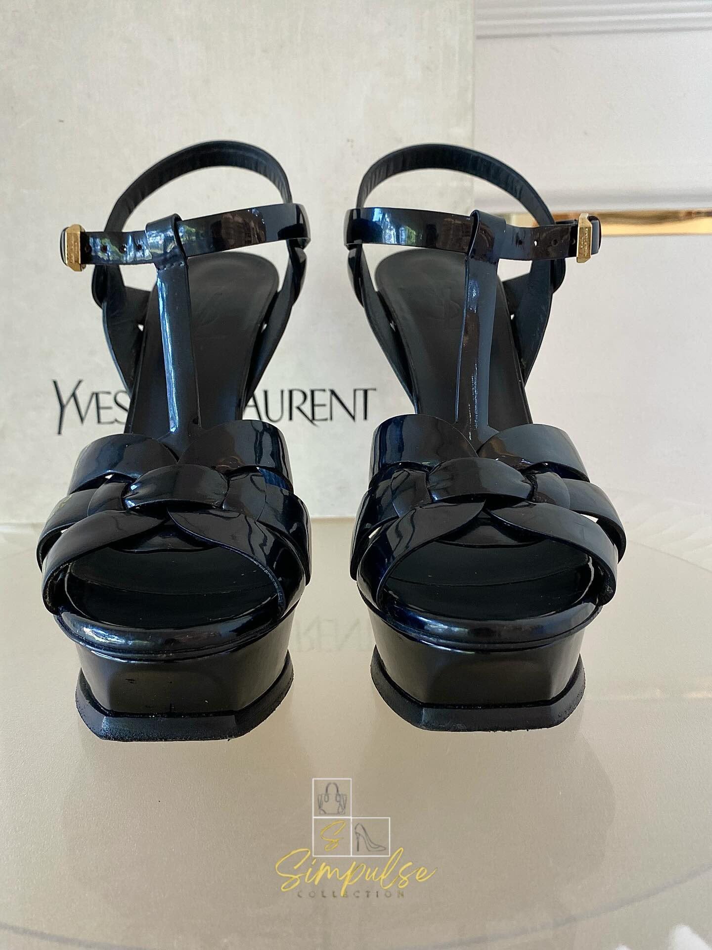 YVES SAINT LAURENT Tribute Black Patent Platform Sandals