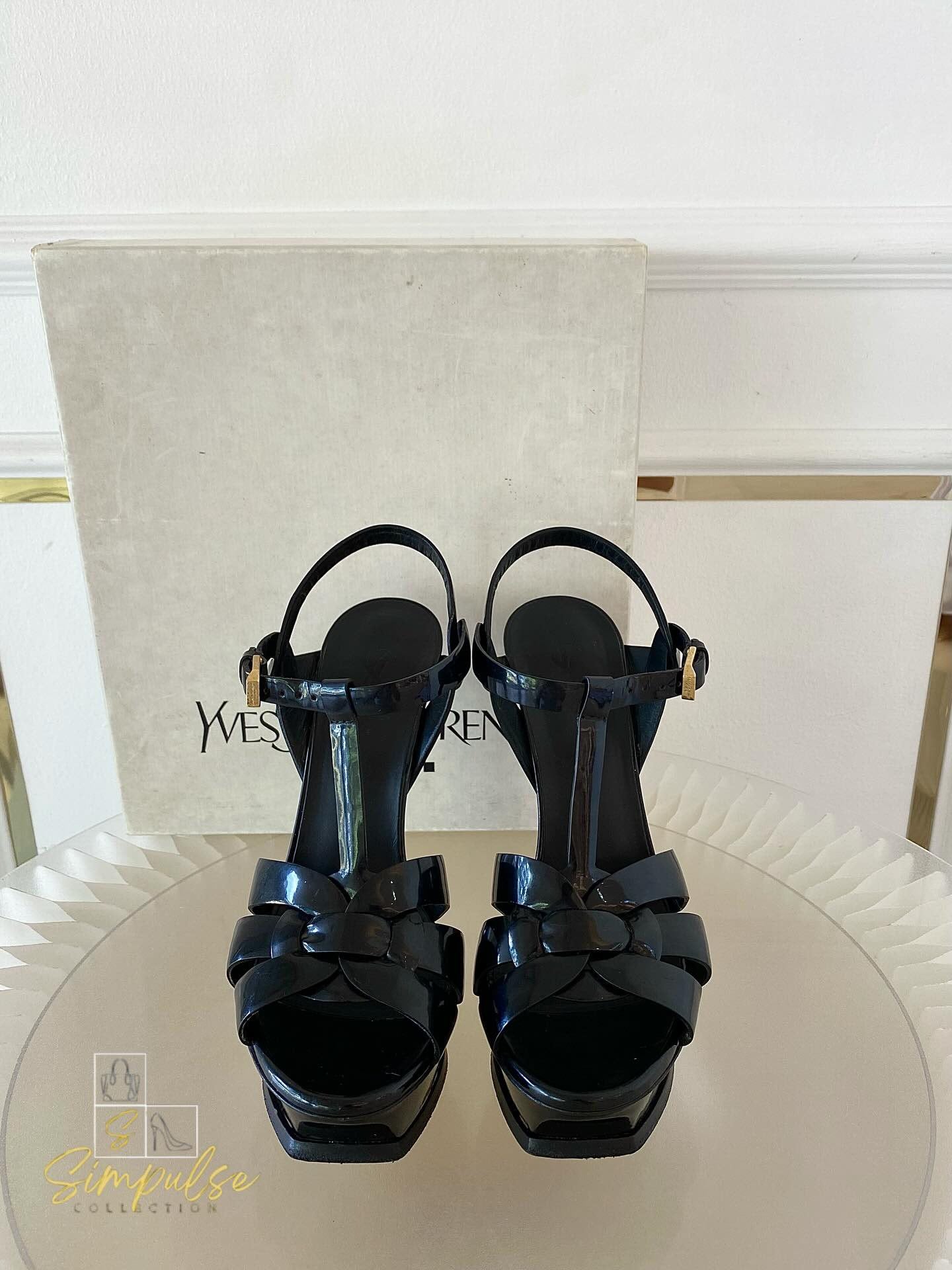 YVES SAINT LAURENT Tribute Black Patent Platform Sandals