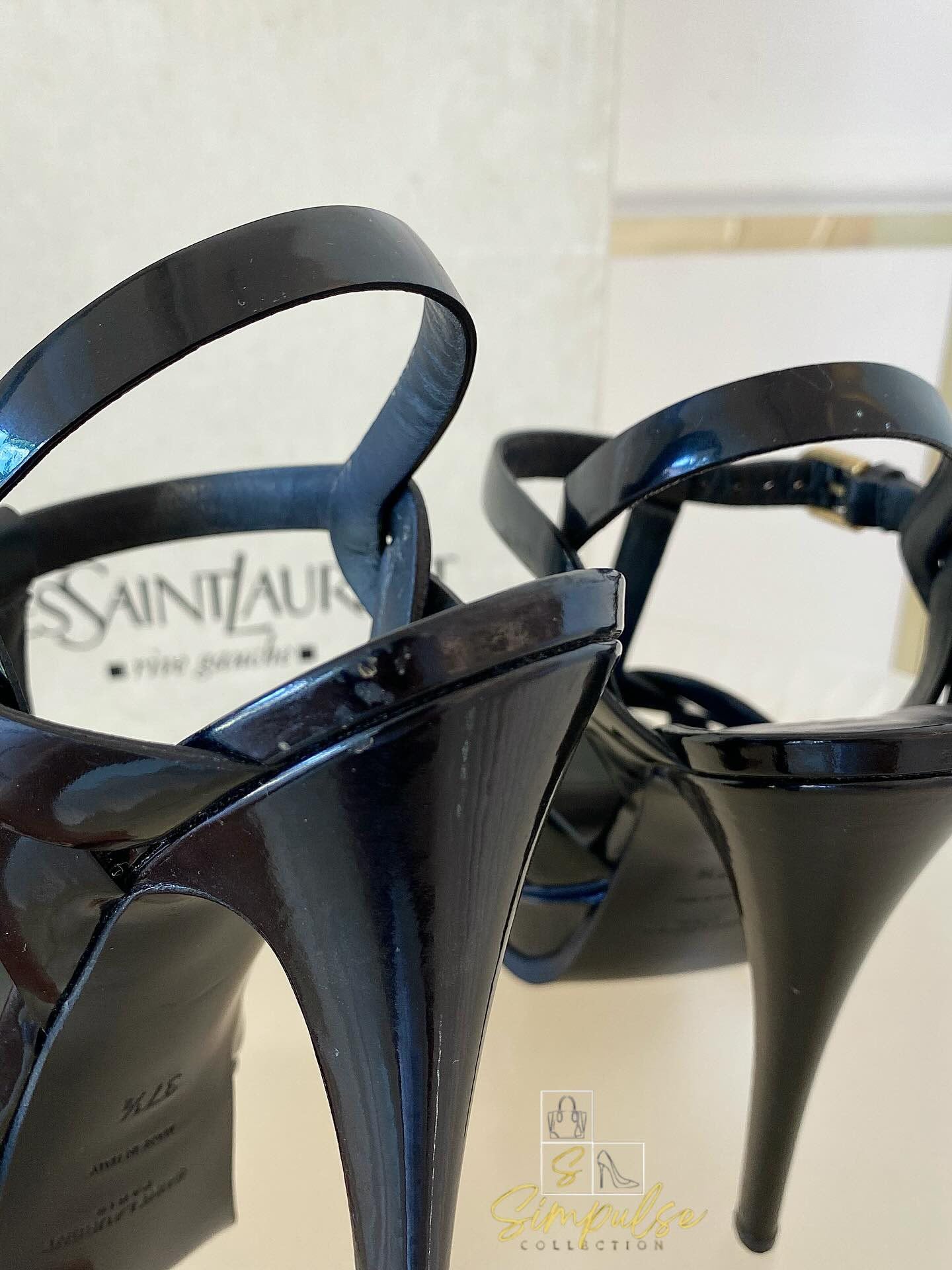 YVES SAINT LAURENT Tribute Black Patent Platform Sandals