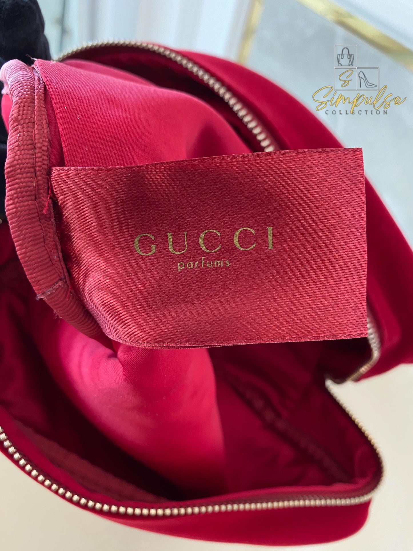 Gucci Red Velvet Cosmetic Pouch w/ Gold G Parfums Plaque