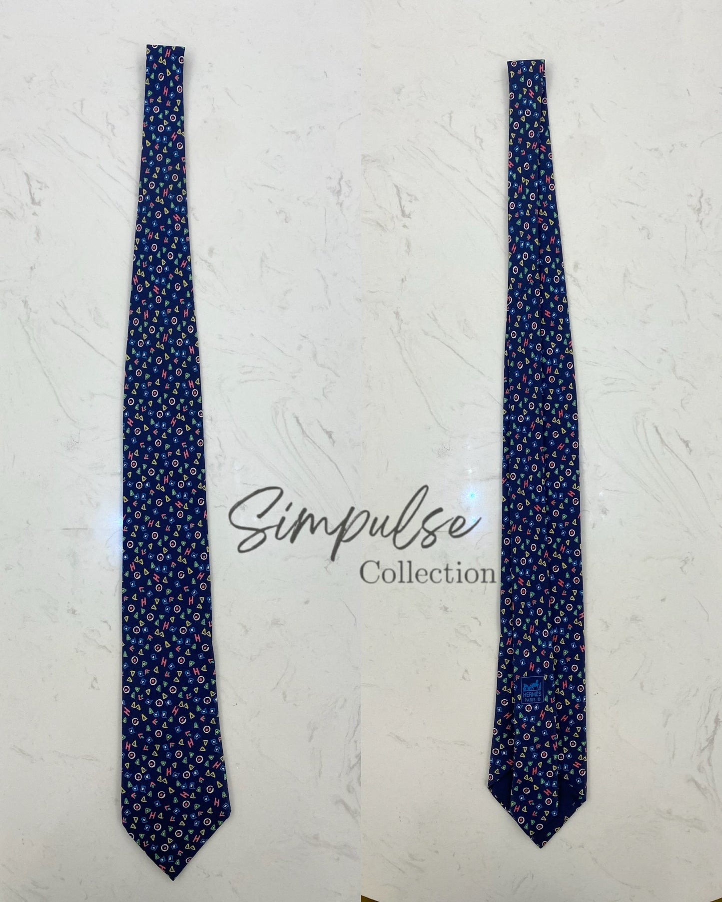 HERMES NAVY BLUE w/ COLORFUL GEOMETRIC SHAPE