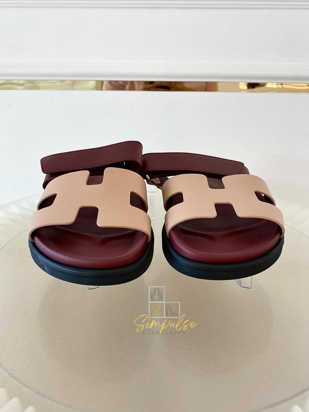 Hermes Chypre Beige Perlino/Rouge H Calfskin Sandal