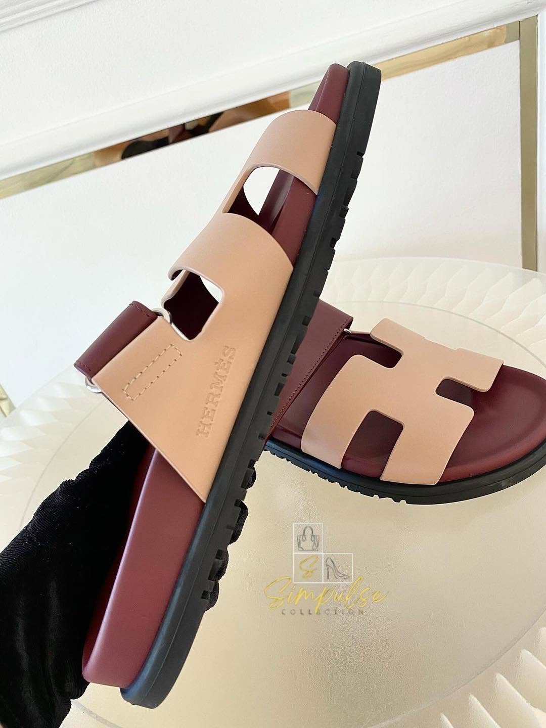 Hermes Chypre Beige Perlino/Rouge H Calfskin Sandal