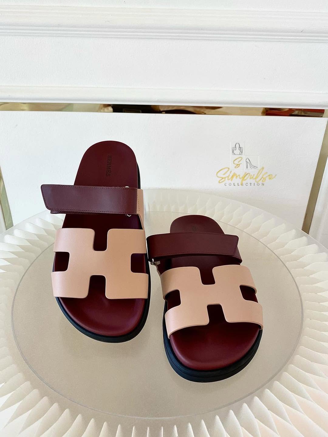 Hermes Chypre Beige Perlino/Rouge H Calfskin Sandal