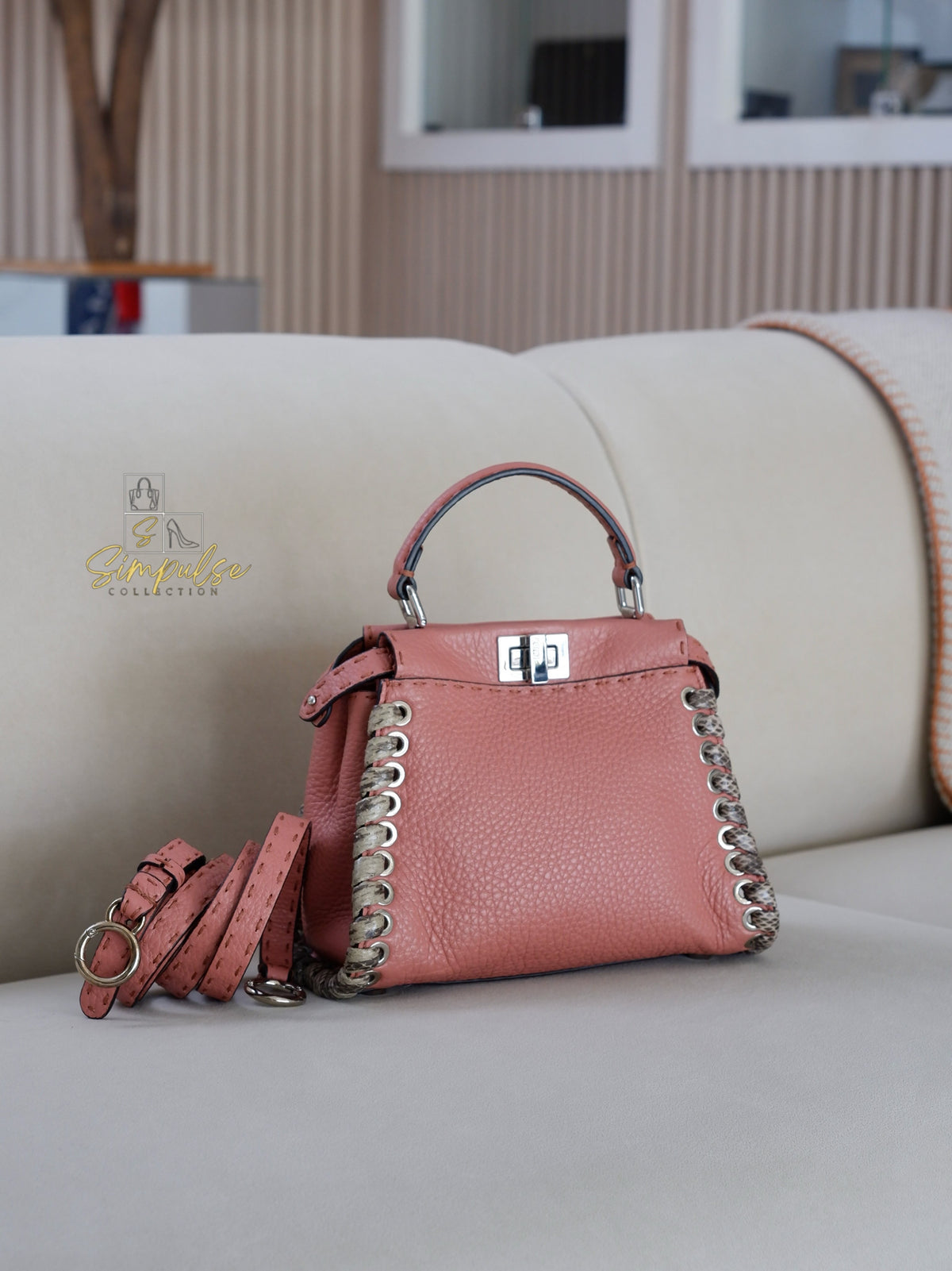 FENDI OLD ROSE & PYTHON LEATHER MINI WHIPSTITCH TOP HANDLE BAG