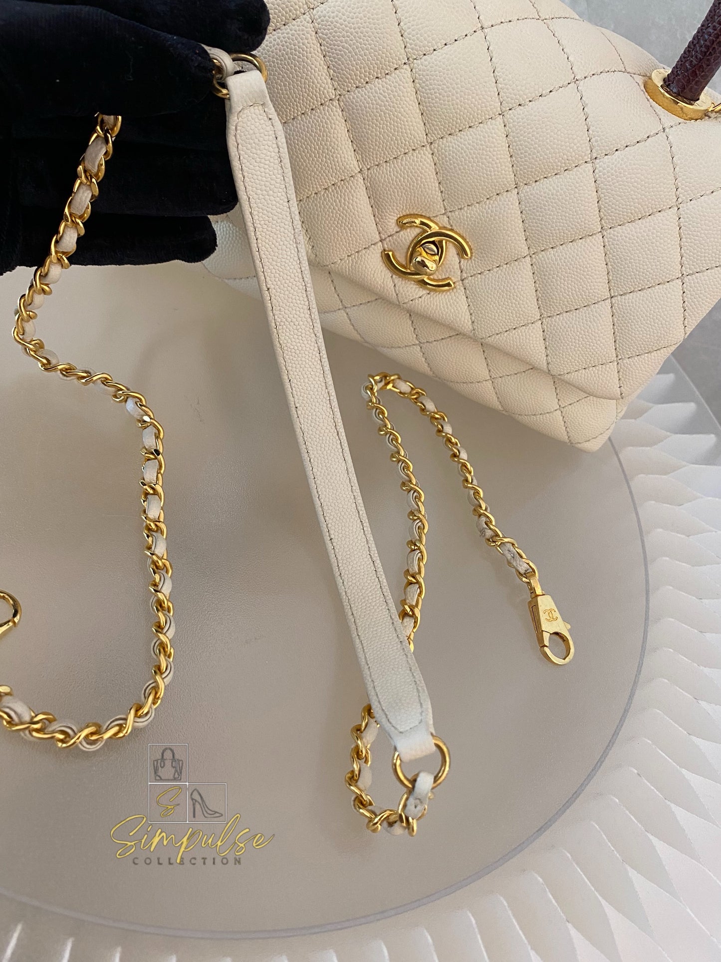 Chanel Coco Off-White Quilted Caviar Lizard Top Handle GHW