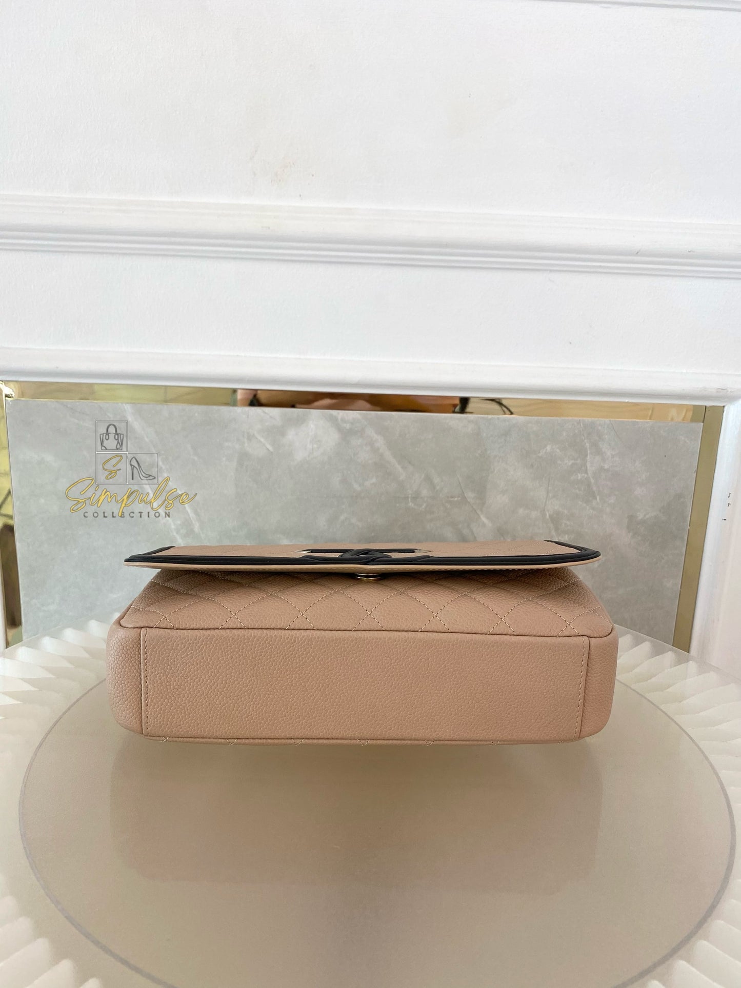 CHANEL BEIGE QUILTED CAVIAR & BLACK LAMBSKIN CC FILIGREE FLAP