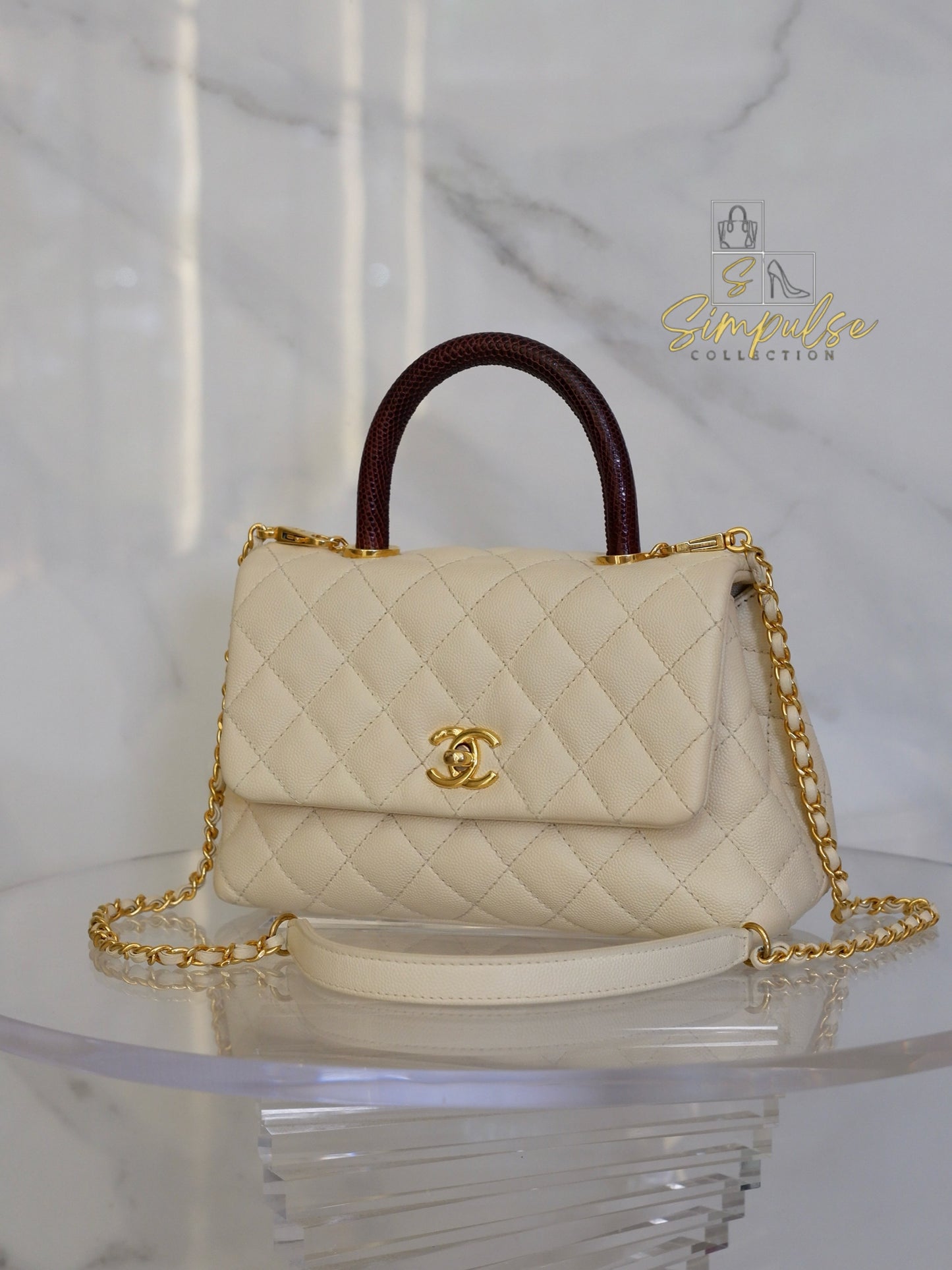 Chanel Coco Off-White Quilted Caviar Lizard Top Handle GHW