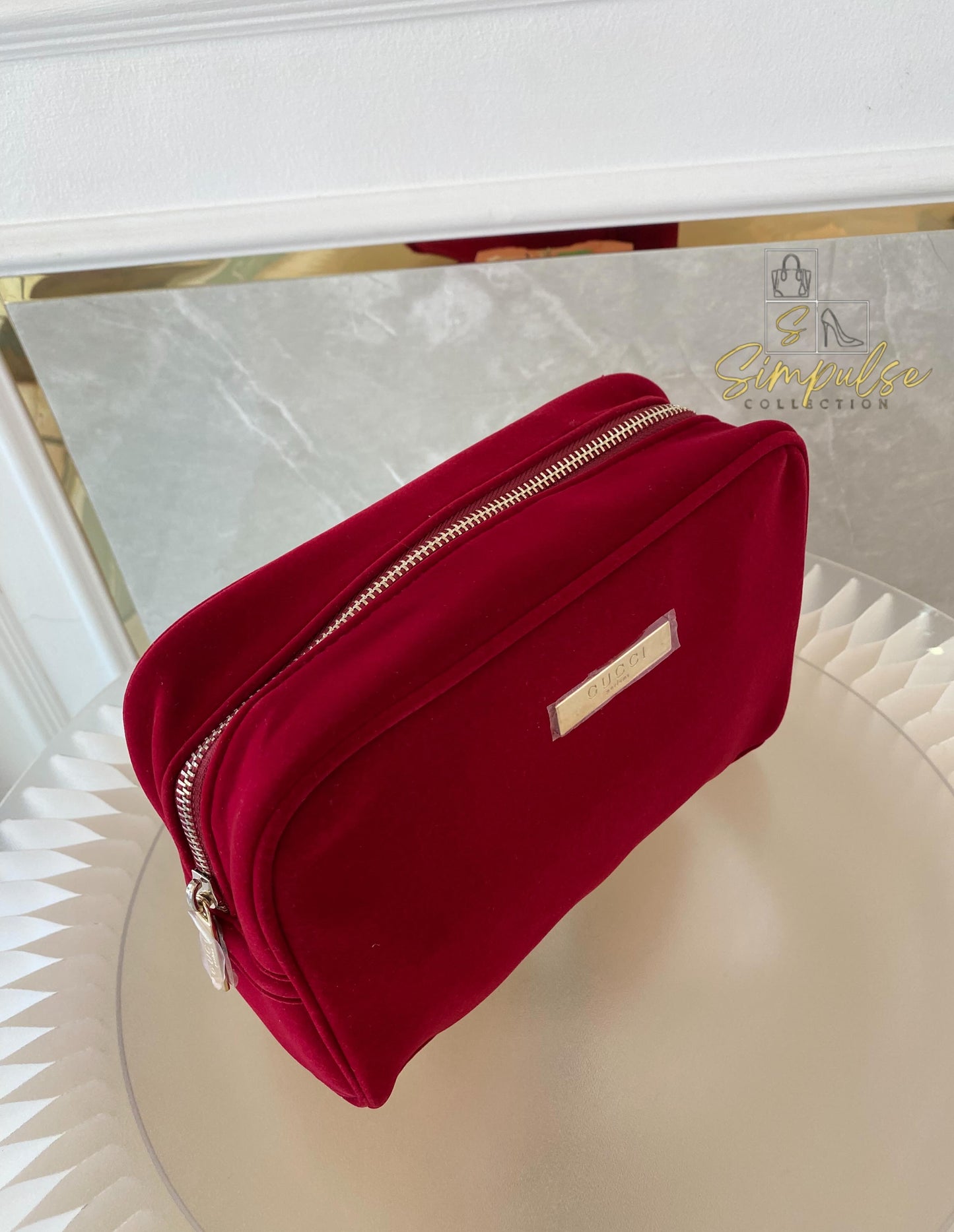 Gucci Red Velvet Cosmetic Pouch w/ Gold G Parfums Plaque