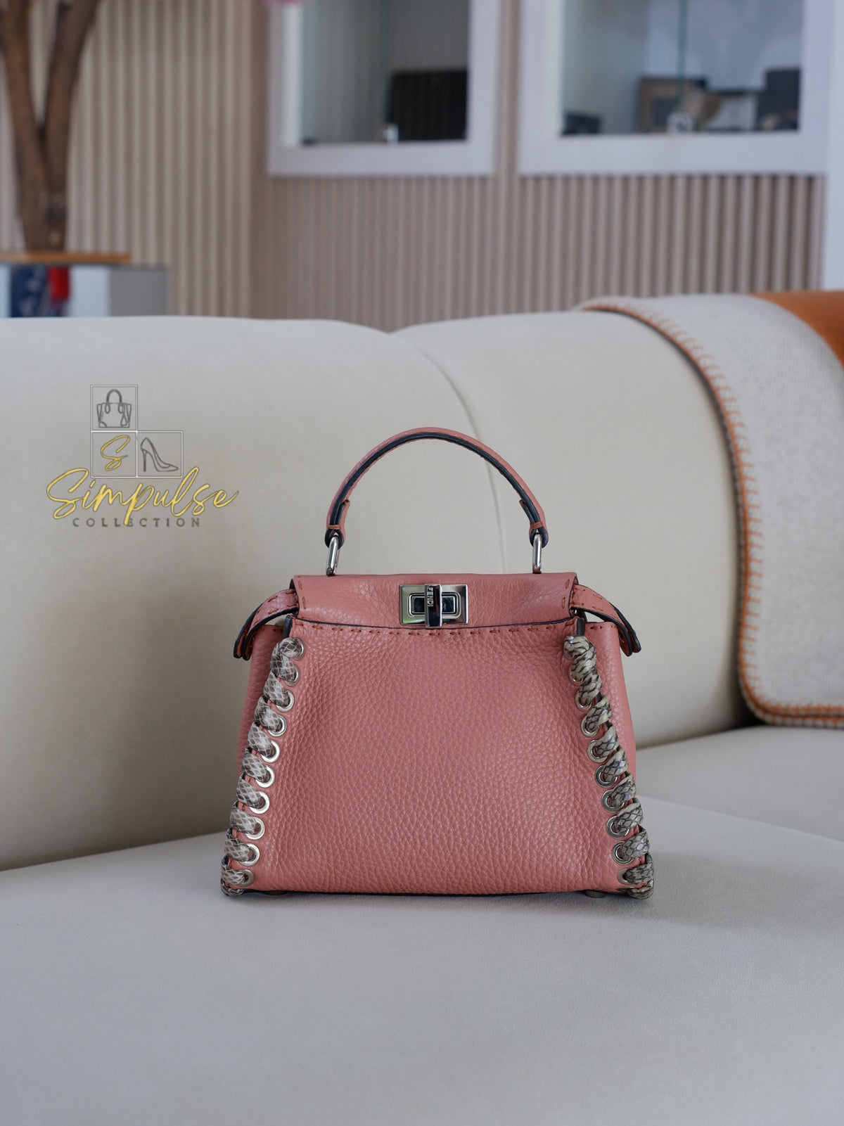 FENDI OLD ROSE & PYTHON LEATHER MINI WHIPSTITCH TOP HANDLE BAG