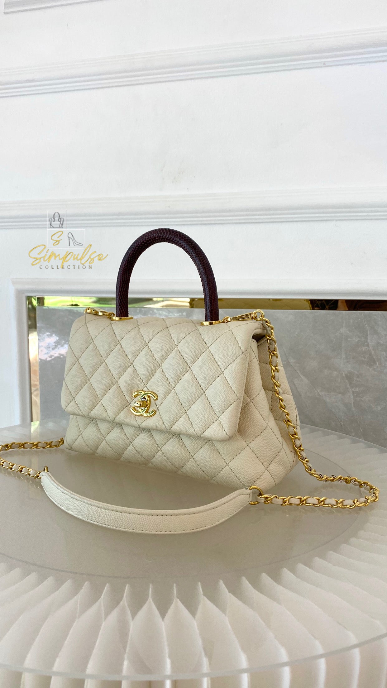 Chanel Coco Off-White Quilted Caviar Lizard Top Handle GHW