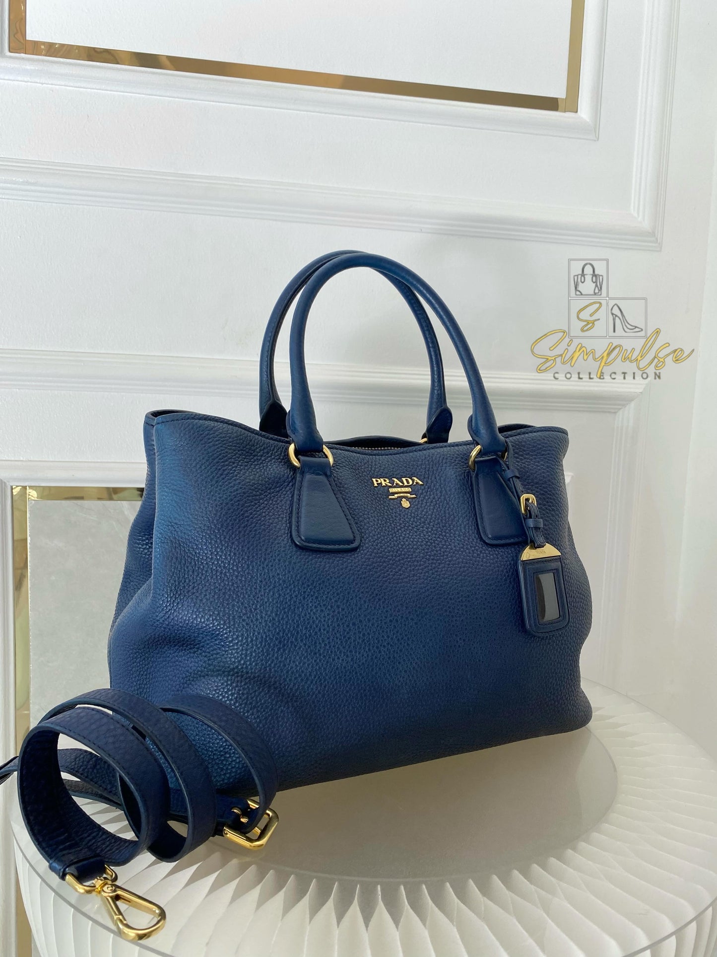 Prada Bluette Vitello Daino Leather Tote Bag