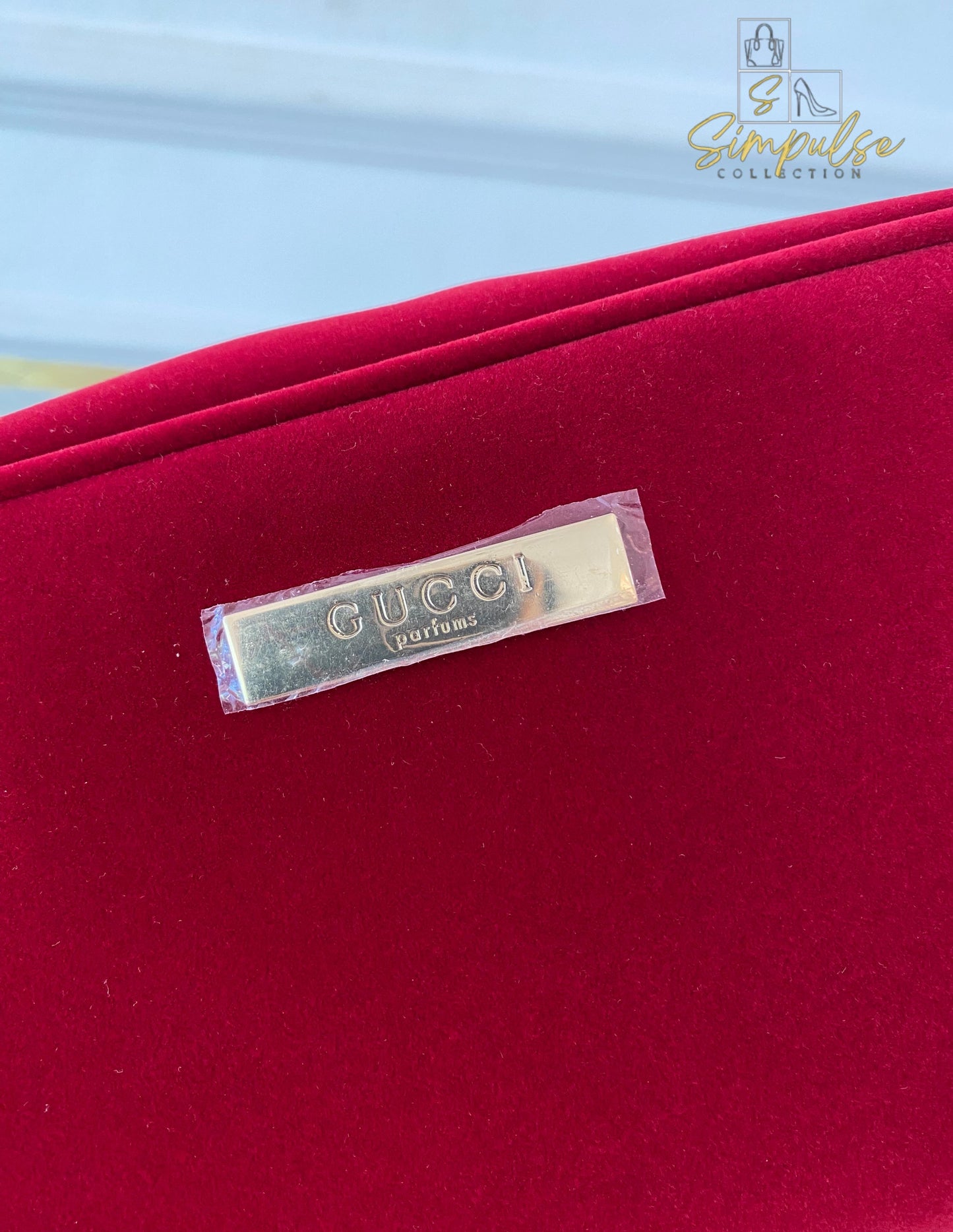 Gucci Red Velvet Cosmetic Pouch w/ Gold G Parfums Plaque