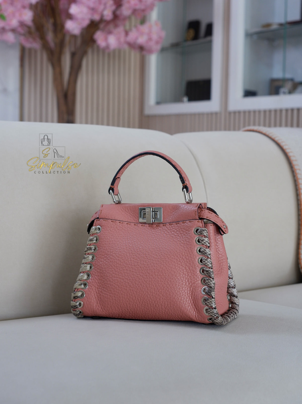 FENDI OLD ROSE & PYTHON LEATHER MINI WHIPSTITCH TOP HANDLE BAG