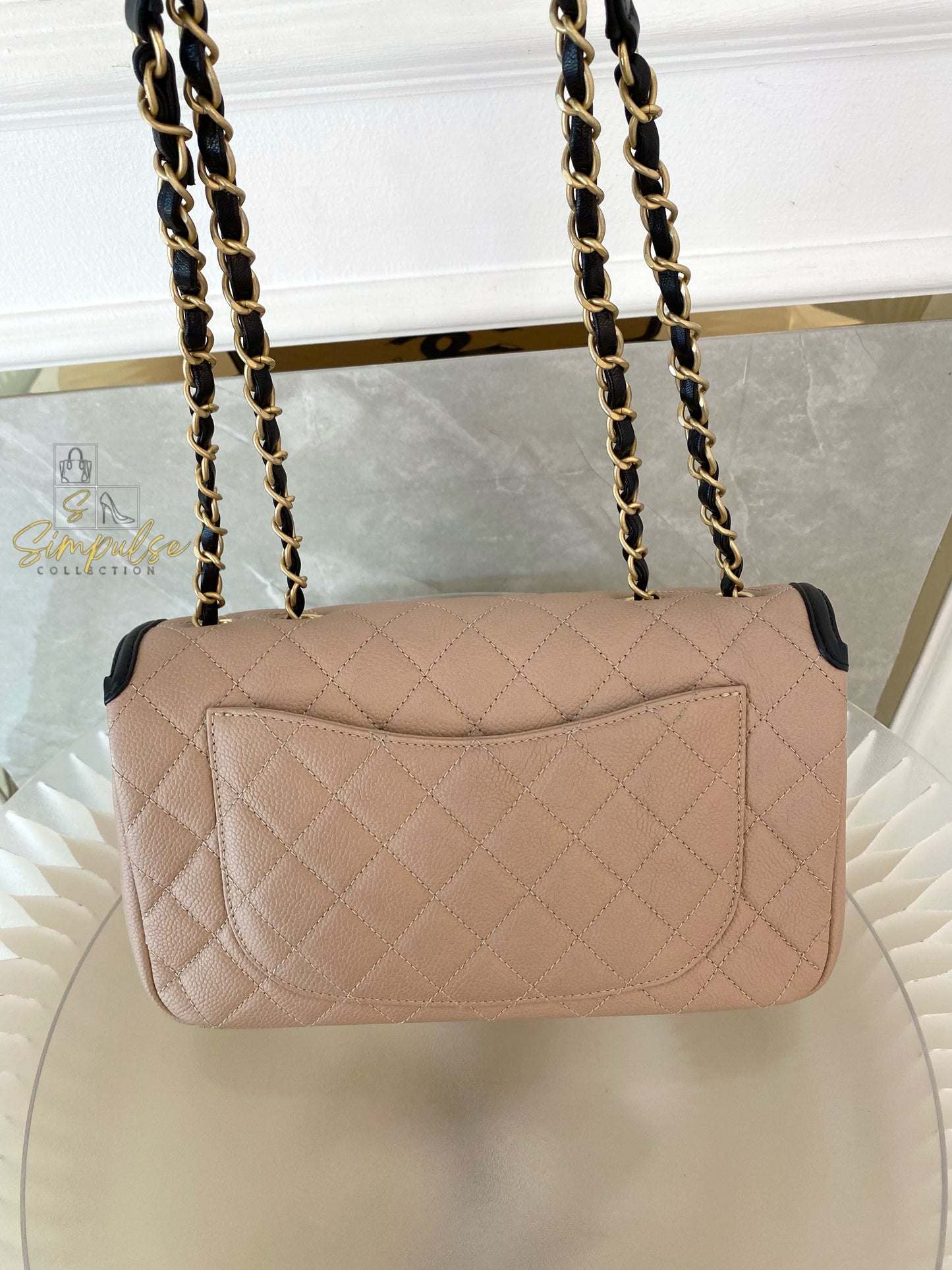 CHANEL BEIGE QUILTED CAVIAR & BLACK LAMBSKIN CC FILIGREE FLAP
