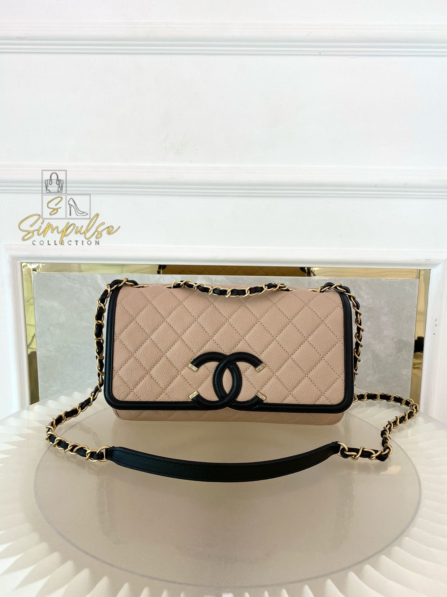 CHANEL BEIGE QUILTED CAVIAR & BLACK LAMBSKIN CC FILIGREE FLAP
