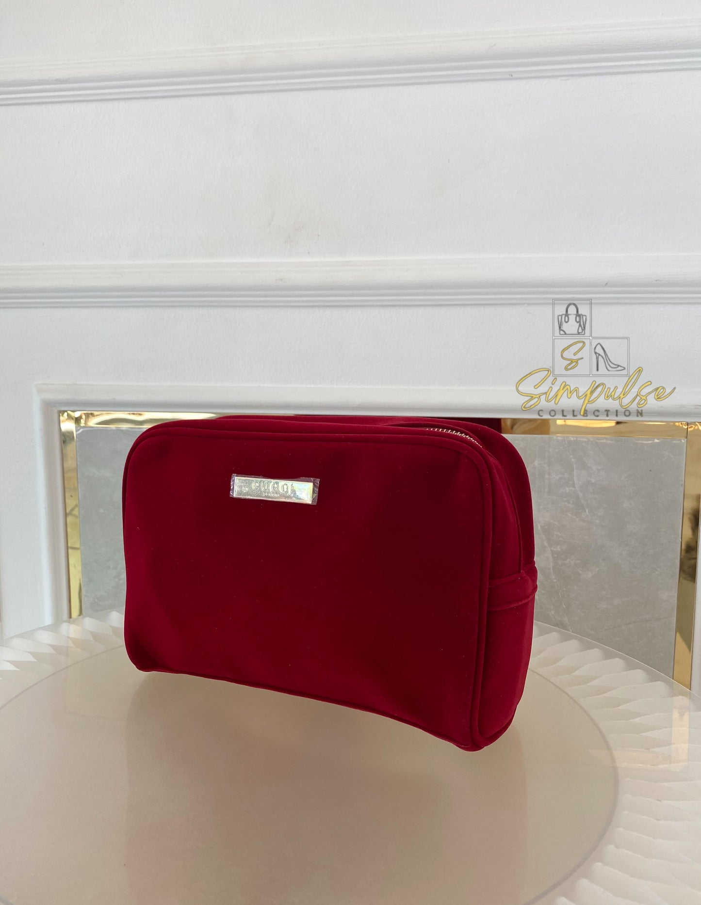 Gucci Red Velvet Cosmetic Pouch w/ Gold G Parfums Plaque