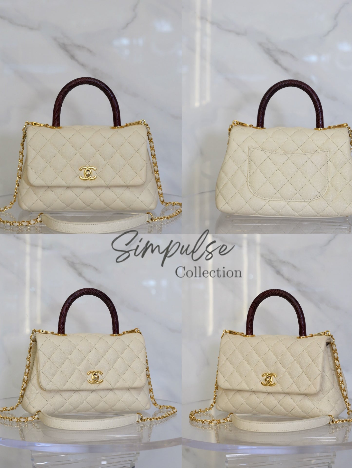Chanel Coco Off-White Quilted Caviar Lizard Top Handle GHW