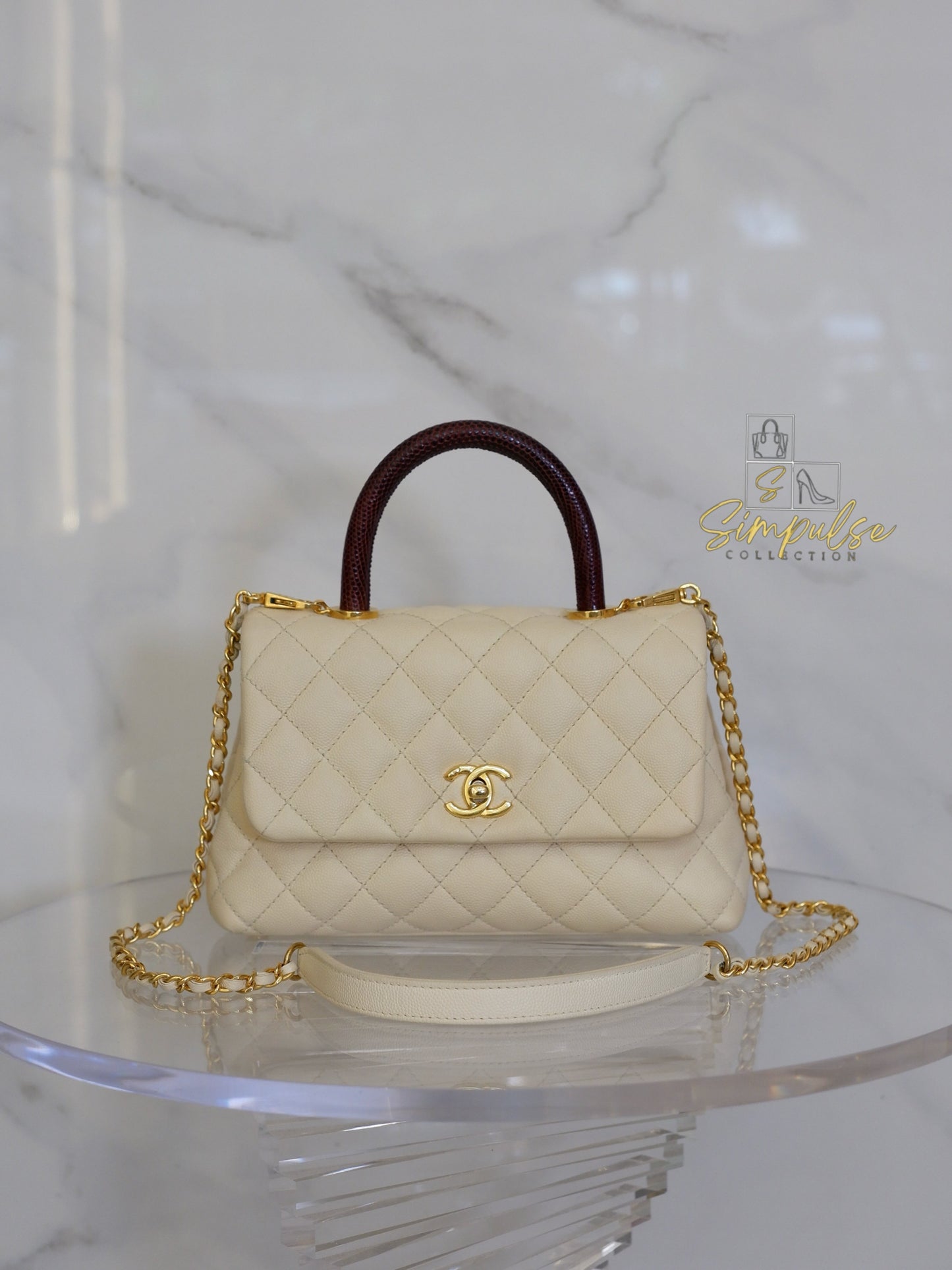 Chanel Coco Off-White Quilted Caviar Lizard Top Handle GHW