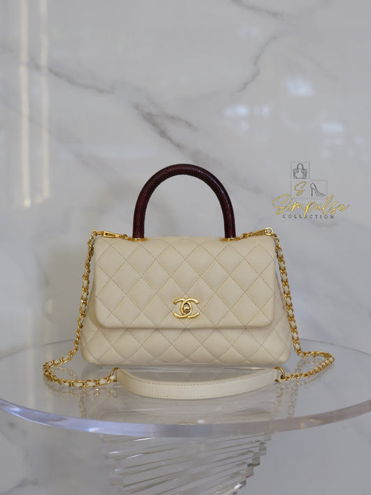 Chanel Coco Off-White Quilted Caviar Lizard Top Handle GHW