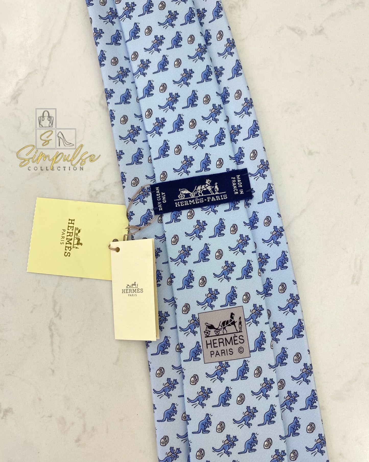 HERMES LIGHT BLUE SILK TIE KANGAROO DESIGN
