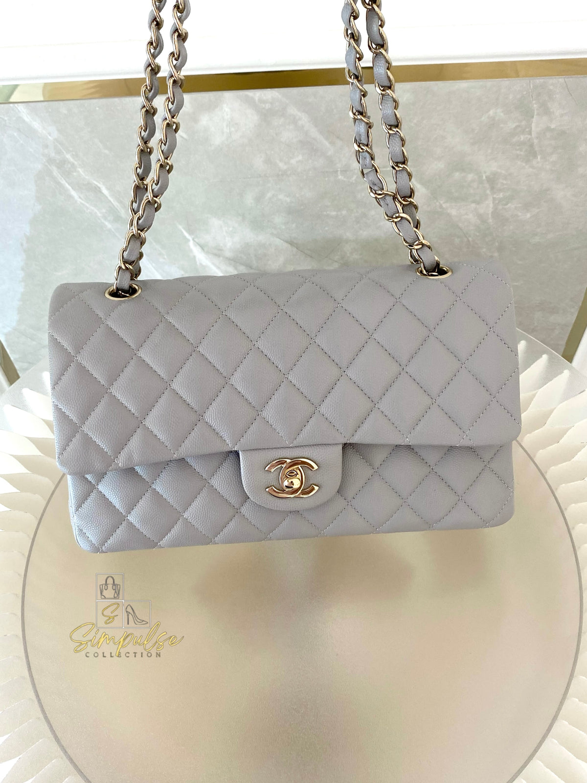 CHANEL CLASSIC MEDIUM DOUBLE FLAP DOVE GRAY
