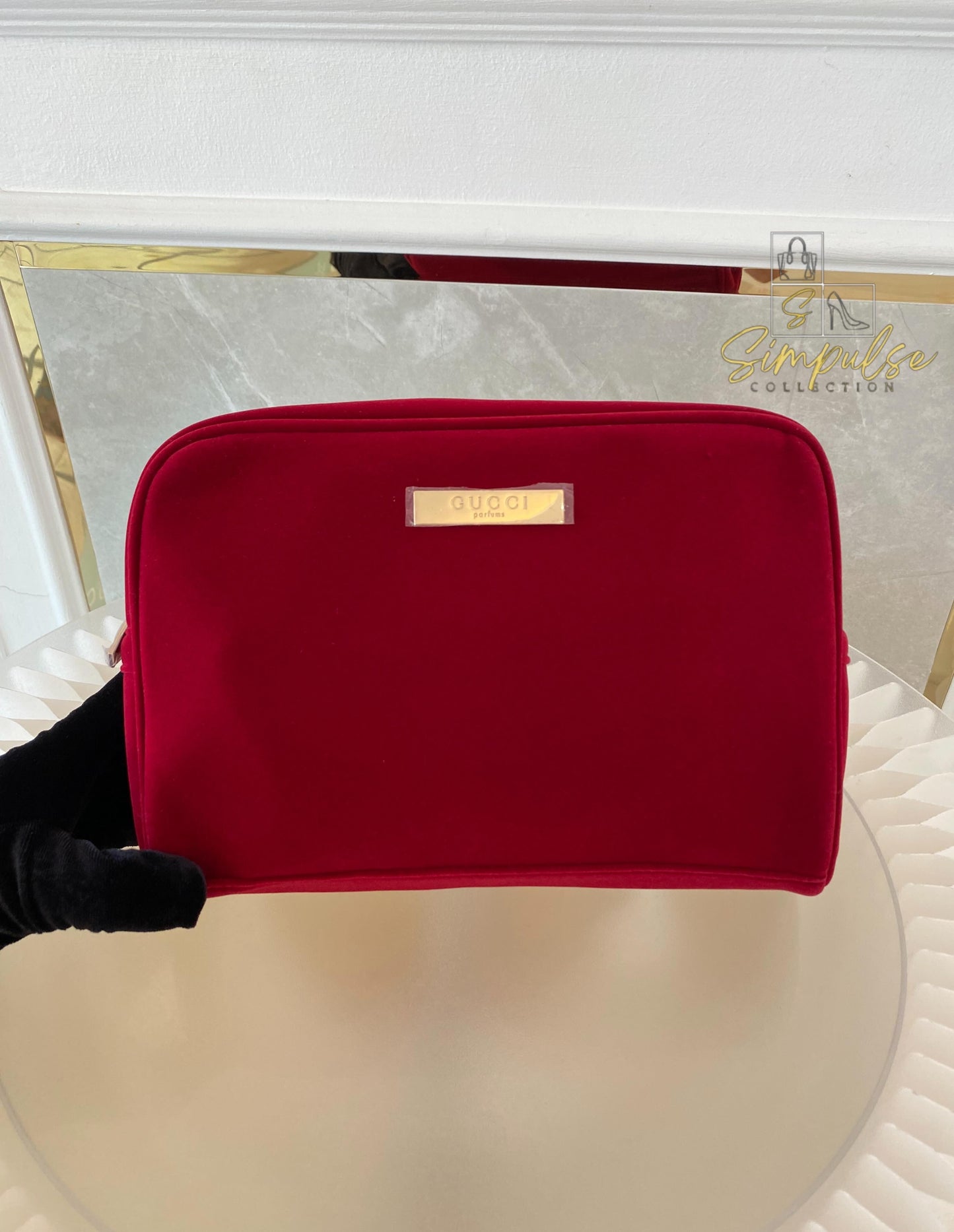 Gucci Red Velvet Cosmetic Pouch w/ Gold G Parfums Plaque