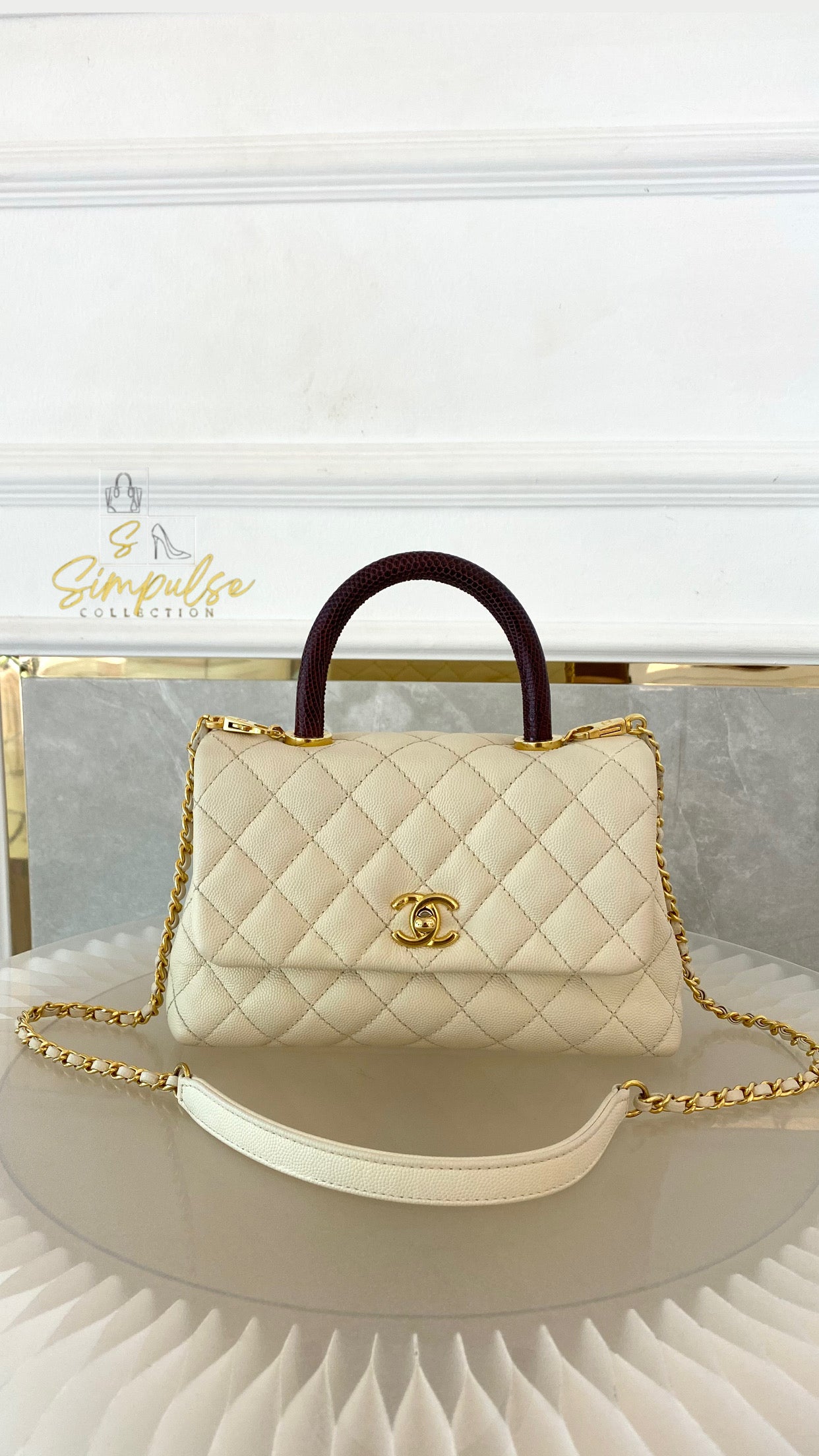 Chanel Coco Off-White Quilted Caviar Lizard Top Handle GHW
