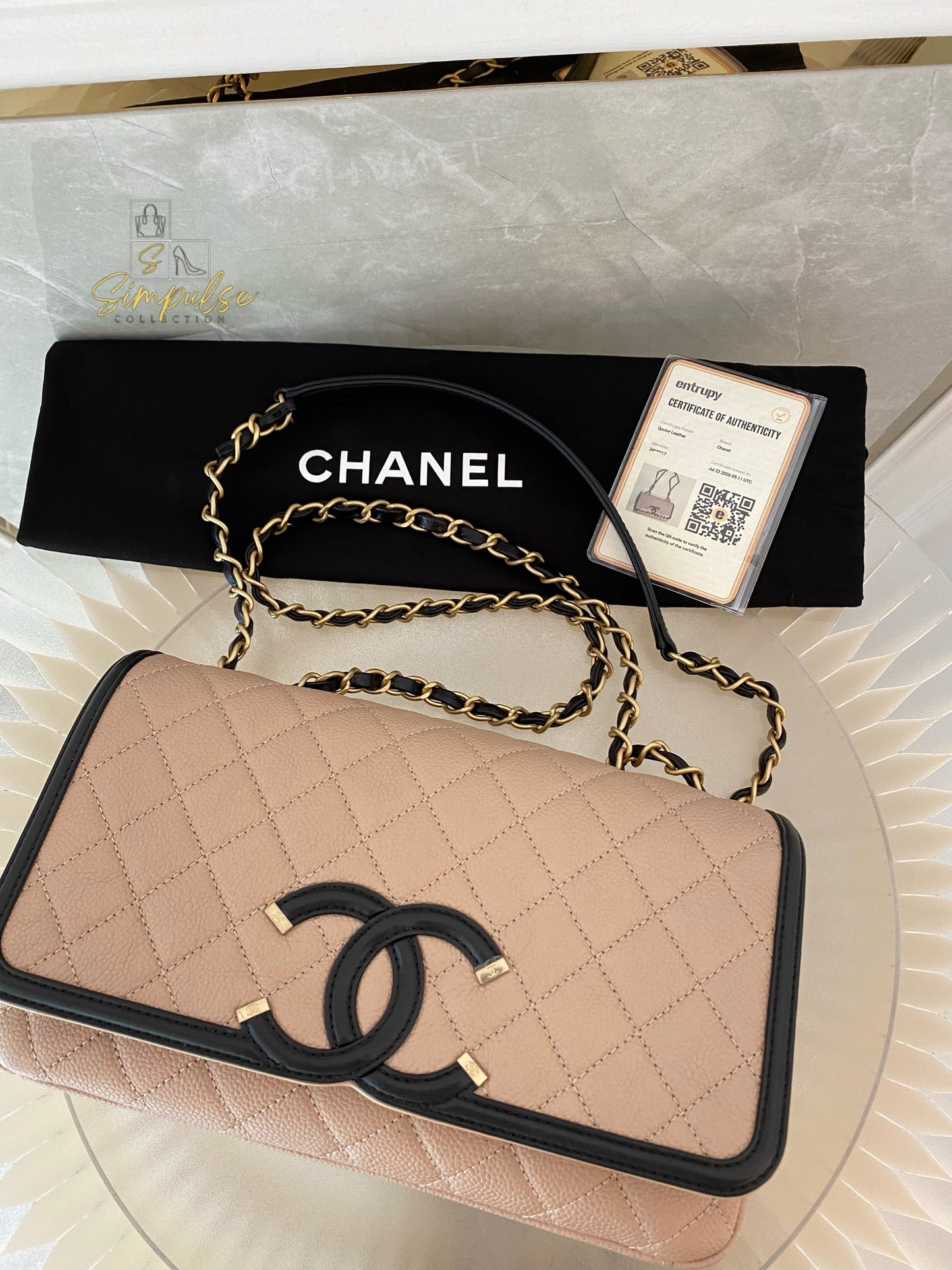 CHANEL BEIGE QUILTED CAVIAR & BLACK LAMBSKIN CC FILIGREE FLAP