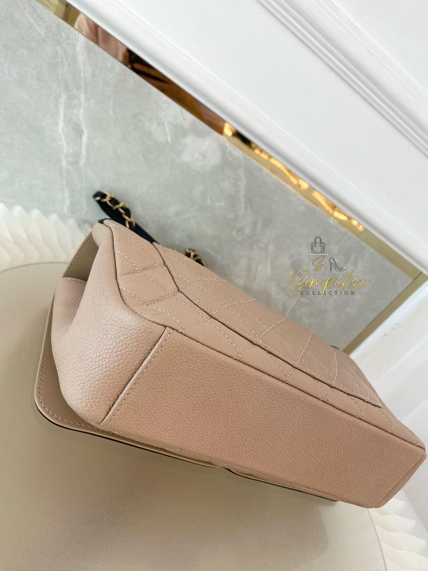 CHANEL BEIGE QUILTED CAVIAR & BLACK LAMBSKIN CC FILIGREE FLAP