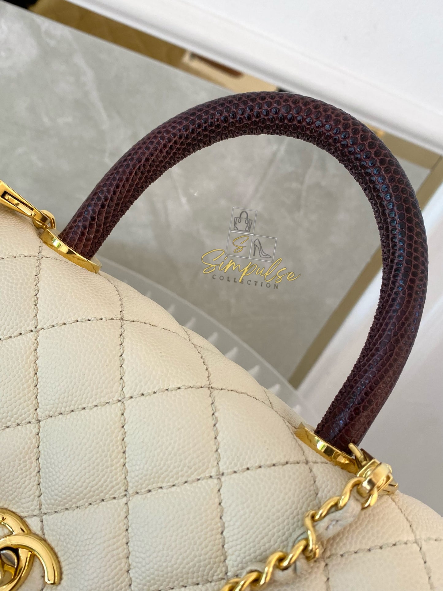 Chanel Coco Off-White Quilted Caviar Lizard Top Handle GHW