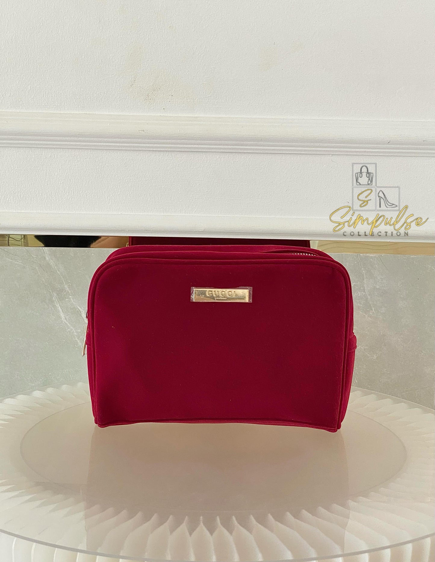 Gucci Red Velvet Cosmetic Pouch w/ Gold G Parfums Plaque