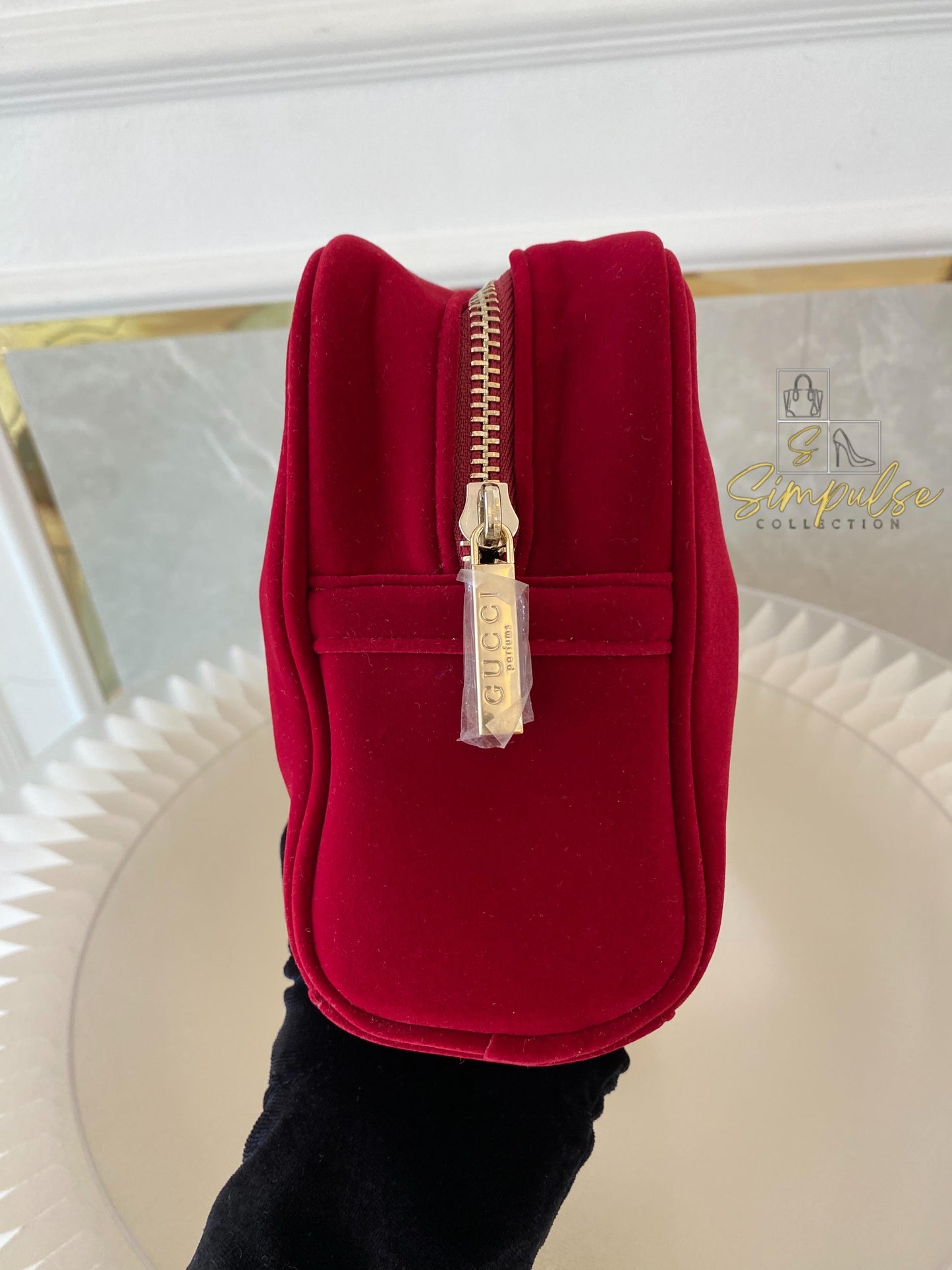 Gucci Red Velvet Cosmetic Pouch w/ Gold G Parfums Plaque