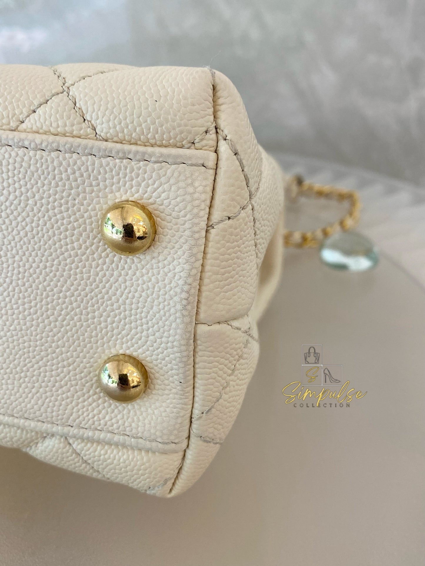 Chanel Coco Off-White Quilted Caviar Lizard Top Handle GHW