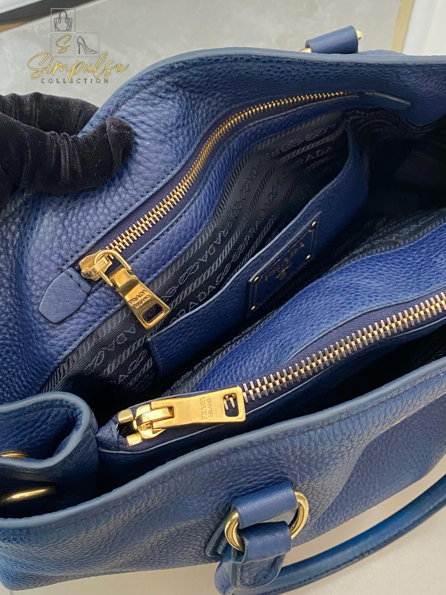 Prada Bluette Vitello Daino Leather Tote Bag