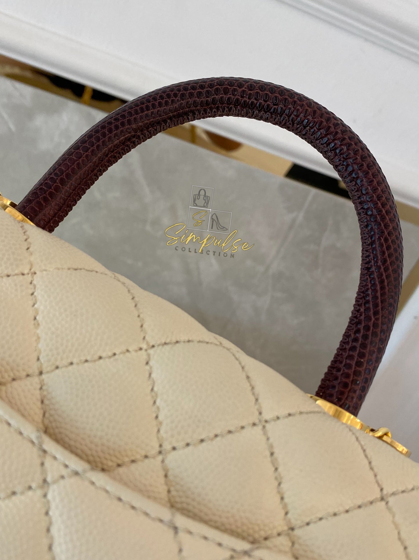 Chanel Coco Off-White Quilted Caviar Lizard Top Handle GHW