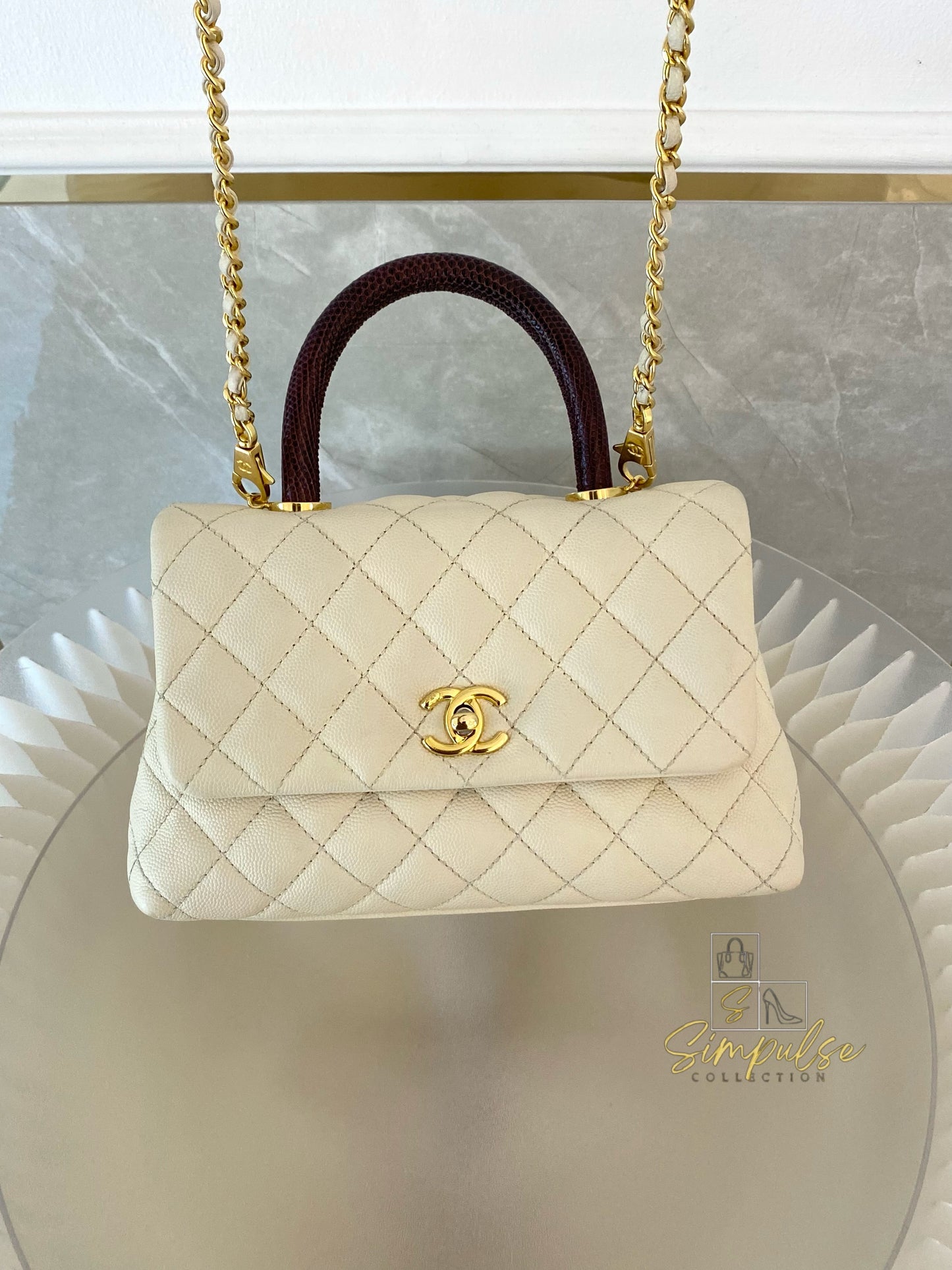Chanel Coco Off-White Quilted Caviar Lizard Top Handle GHW