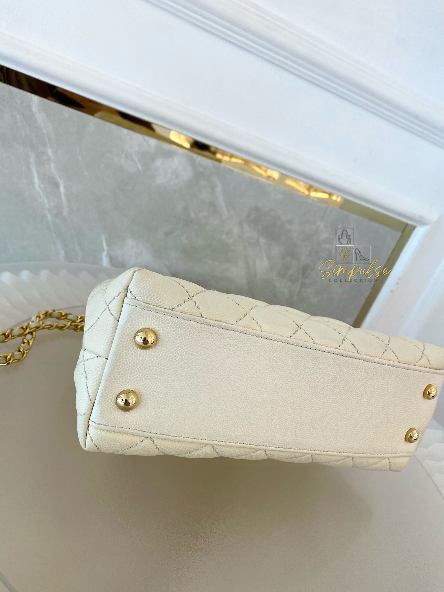 Chanel Coco Off-White Quilted Caviar Lizard Top Handle GHW