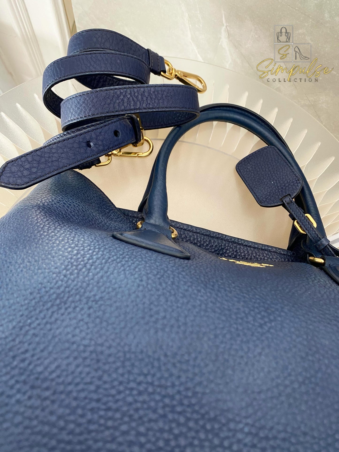 Prada Bluette Vitello Daino Leather Tote Bag